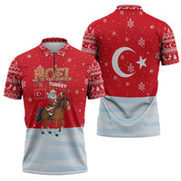 Turkey Christmas Zipper Polo Shirt with Santa on Horse Red Snowflake Pattern and Crescent Star - Wonder Print Shop
