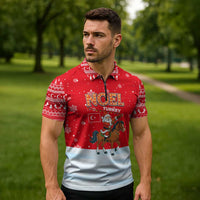 Turkey Christmas Zipper Polo Shirt with Santa on Horse Red Snowflake Pattern and Crescent Star - Wonder Print Shop