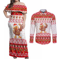 Turkey Christmas Couples Matching Off Shoulder Maxi Dress and Long Sleeve Button Shirt with Santa Turkey Red Crescent Pattern Snowmen and Festive Lights - Wonder Print Shop