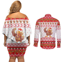 Turkey Christmas Couples Matching Off Shoulder Short Dress and Long Sleeve Button Shirt with Santa Turkey Red Crescent Pattern Snowmen and Festive Lights - Wonder Print Shop