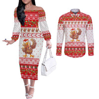 Turkey Christmas Couples Matching Off The Shoulder Long Sleeve Dress and Long Sleeve Button Shirt with Santa Turkey Red Crescent Pattern Snowmen and Festive Lights - Wonder Print Shop