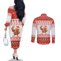 Turkey Christmas Couples Matching Off The Shoulder Long Sleeve Dress and Long Sleeve Button Shirt with Santa Turkey Red Crescent Pattern Snowmen and Festive Lights - Wonder Print Shop