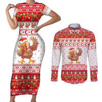 Turkey Christmas Couples Matching Short Sleeve Bodycon Dress and Long Sleeve Button Shirt with Santa Turkey Red Crescent Pattern Snowmen and Festive Lights - Wonder Print Shop