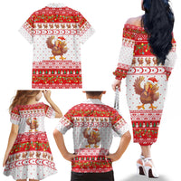 Turkey Christmas Family Matching Off The Shoulder Long Sleeve Dress and Hawaiian Shirt with Santa Turkey Red Crescent Pattern Snowmen and Festive Lights - Wonder Print Shop