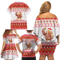 Turkey Christmas Family Matching Off Shoulder Short Dress and Hawaiian Shirt with Santa Turkey Red Crescent Pattern Snowmen and Festive Lights - Wonder Print Shop
