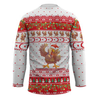 Turkey Christmas Hockey Jersey with Santa Turkey Red Crescent Pattern Snowmen and Festive Lights - Wonder Print Shop