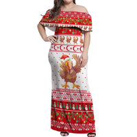Turkey Christmas Off Shoulder Maxi Dress with Santa Turkey Red Crescent Pattern Snowmen and Festive Lights - Wonder Print Shop