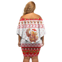 Turkey Christmas Off Shoulder Short Dress with Santa Turkey Red Crescent Pattern Snowmen and Festive Lights - Wonder Print Shop