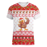 Turkey Christmas Women V-Neck T-Shirt with Santa Turkey Red Crescent Pattern Snowmen and Festive Lights - Wonder Print Shop