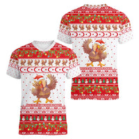 Turkey Christmas Women V-Neck T-Shirt with Santa Turkey Red Crescent Pattern Snowmen and Festive Lights - Wonder Print Shop