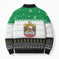 United Arab Emirates Christmas Bomber Puffer Jacket with Falcon Tree Design Snowflake Pattern and National Emblem - Wonder Print Shop
