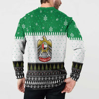 United Arab Emirates Christmas Button Sweatshirt with Falcon Tree Design Snowflake Pattern and National Emblem - Wonder Print Shop