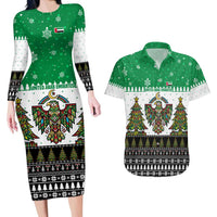 United Arab Emirates Christmas Couples Matching Long Sleeve Bodycon Dress and Hawaiian Shirt with Falcon Tree Design Snowflake Pattern and National Emblem - Wonder Print Shop