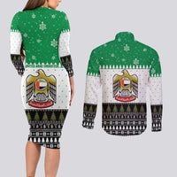 United Arab Emirates Christmas Couples Matching Long Sleeve Bodycon Dress and Long Sleeve Button Shirt with Falcon Tree Design Snowflake Pattern and National Emblem - Wonder Print Shop