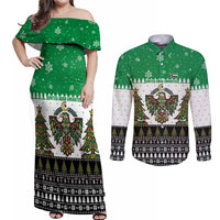 United Arab Emirates Christmas Couples Matching Off Shoulder Maxi Dress and Long Sleeve Button Shirt with Falcon Tree Design Snowflake Pattern and National Emblem - Wonder Print Shop