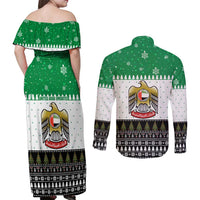 United Arab Emirates Christmas Couples Matching Off Shoulder Maxi Dress and Long Sleeve Button Shirt with Falcon Tree Design Snowflake Pattern and National Emblem - Wonder Print Shop