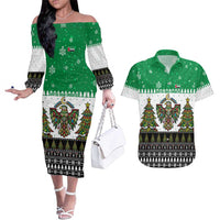 United Arab Emirates Christmas Couples Matching Off The Shoulder Long Sleeve Dress and Hawaiian Shirt with Falcon Tree Design Snowflake Pattern and National Emblem - Wonder Print Shop