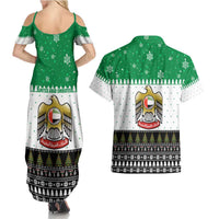 United Arab Emirates Christmas Couples Matching Summer Maxi Dress and Hawaiian Shirt with Falcon Tree Design Snowflake Pattern and National Emblem - Wonder Print Shop