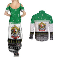 United Arab Emirates Christmas Couples Matching Summer Maxi Dress and Long Sleeve Button Shirt with Falcon Tree Design Snowflake Pattern and National Emblem - Wonder Print Shop