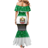 United Arab Emirates Christmas Family Matching Mermaid Dress and Hawaiian Shirt with Falcon Tree Design Snowflake Pattern and National Emblem - Wonder Print Shop