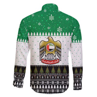 United Arab Emirates Christmas Family Matching Off The Shoulder Long Sleeve Dress and Hawaiian Shirt with Falcon Tree Design Snowflake Pattern and National Emblem - Wonder Print Shop