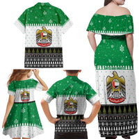 United Arab Emirates Christmas Family Matching Off Shoulder Maxi Dress and Hawaiian Shirt with Falcon Tree Design Snowflake Pattern and National Emblem - Wonder Print Shop