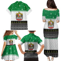 United Arab Emirates Christmas Family Matching Puletasi and Hawaiian Shirt with Falcon Tree Design Snowflake Pattern and National Emblem - Wonder Print Shop