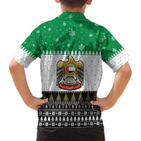 United Arab Emirates Christmas Family Matching Short Sleeve Bodycon Dress and Hawaiian Shirt with Falcon Tree Design Snowflake Pattern and National Emblem - Wonder Print Shop