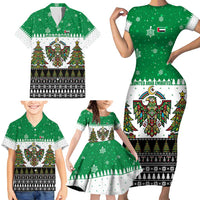 United Arab Emirates Christmas Family Matching Short Sleeve Bodycon Dress and Hawaiian Shirt with Falcon Tree Design Snowflake Pattern and National Emblem - Wonder Print Shop