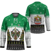 United Arab Emirates Christmas Hockey Jersey with Falcon Tree Design Snowflake Pattern and National Emblem - Wonder Print Shop