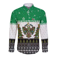 United Arab Emirates Christmas Long Sleeve Button Shirt with Falcon Tree Design Snowflake Pattern and National Emblem - Wonder Print Shop