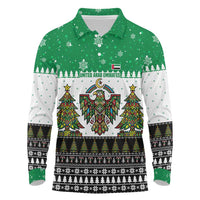 United Arab Emirates Christmas Long Sleeve Polo Shirt with Falcon Tree Design Snowflake Pattern and National Emblem - Wonder Print Shop