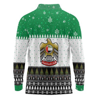 United Arab Emirates Christmas Long Sleeve Polo Shirt with Falcon Tree Design Snowflake Pattern and National Emblem - Wonder Print Shop