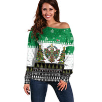 United Arab Emirates Christmas Off Shoulder Sweater with Falcon Tree Design Snowflake Pattern and National Emblem - Wonder Print Shop