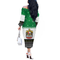 United Arab Emirates Christmas Off The Shoulder Long Sleeve Dress with Falcon Tree Design Snowflake Pattern and National Emblem - Wonder Print Shop