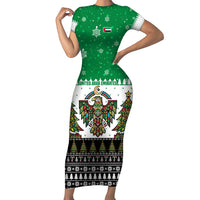 United Arab Emirates Christmas Short Sleeve Bodycon Dress with Falcon Tree Design Snowflake Pattern and National Emblem - Wonder Print Shop