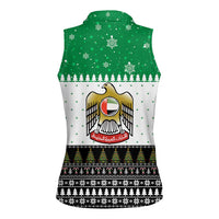 United Arab Emirates Christmas Women Sleeveless Polo Shirt with Falcon Tree Design Snowflake Pattern and National Emblem - Wonder Print Shop