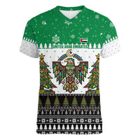 United Arab Emirates Christmas Women V-Neck T-Shirt with Falcon Tree Design Snowflake Pattern and National Emblem - Wonder Print Shop