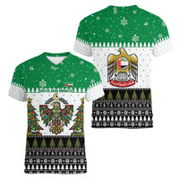 United Arab Emirates Christmas Women V-Neck T-Shirt with Falcon Tree Design Snowflake Pattern and National Emblem - Wonder Print Shop