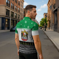 United Arab Emirates Christmas Zipper Polo Shirt with Falcon Tree Design Snowflake Pattern and National Emblem - Wonder Print Shop