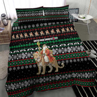 United Arab Emirates Christmas Bedding Set with Santa Riding Cheetah Black Snowflake Pattern and Palm Tree - Wonder Print Shop