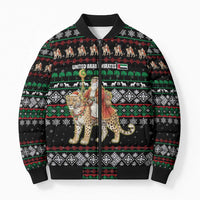 United Arab Emirates Christmas Bomber Puffer Jacket with Santa Riding Cheetah Black Snowflake Pattern and Palm Tree - Wonder Print Shop