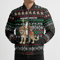 United Arab Emirates Christmas Bomber Puffer Jacket with Santa Riding Cheetah Black Snowflake Pattern and Palm Tree - Wonder Print Shop