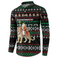 United Arab Emirates Christmas Button Sweatshirt with Santa Riding Cheetah Black Snowflake Pattern and Palm Tree - Wonder Print Shop