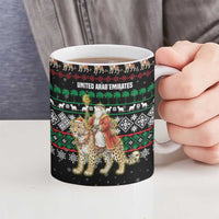 United Arab Emirates Christmas Ceramic Mug with Santa Riding Cheetah Black Snowflake Pattern and Palm Tree - Wonder Print Shop
