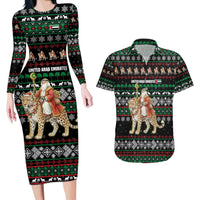 United Arab Emirates Christmas Couples Matching Long Sleeve Bodycon Dress and Hawaiian Shirt with Santa Riding Cheetah Black Snowflake Pattern and Palm Tree - Wonder Print Shop