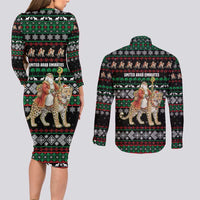 United Arab Emirates Christmas Couples Matching Long Sleeve Bodycon Dress and Long Sleeve Button Shirt with Santa Riding Cheetah Black Snowflake Pattern and Palm Tree - Wonder Print Shop