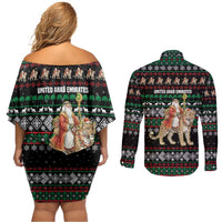 United Arab Emirates Christmas Couples Matching Off Shoulder Short Dress and Long Sleeve Button Shirt with Santa Riding Cheetah Black Snowflake Pattern and Palm Tree - Wonder Print Shop