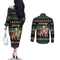United Arab Emirates Christmas Couples Matching Off The Shoulder Long Sleeve Dress and Long Sleeve Button Shirt with Santa Riding Cheetah Black Snowflake Pattern and Palm Tree - Wonder Print Shop