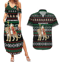 United Arab Emirates Christmas Couples Matching Summer Maxi Dress and Hawaiian Shirt with Santa Riding Cheetah Black Snowflake Pattern and Palm Tree - Wonder Print Shop